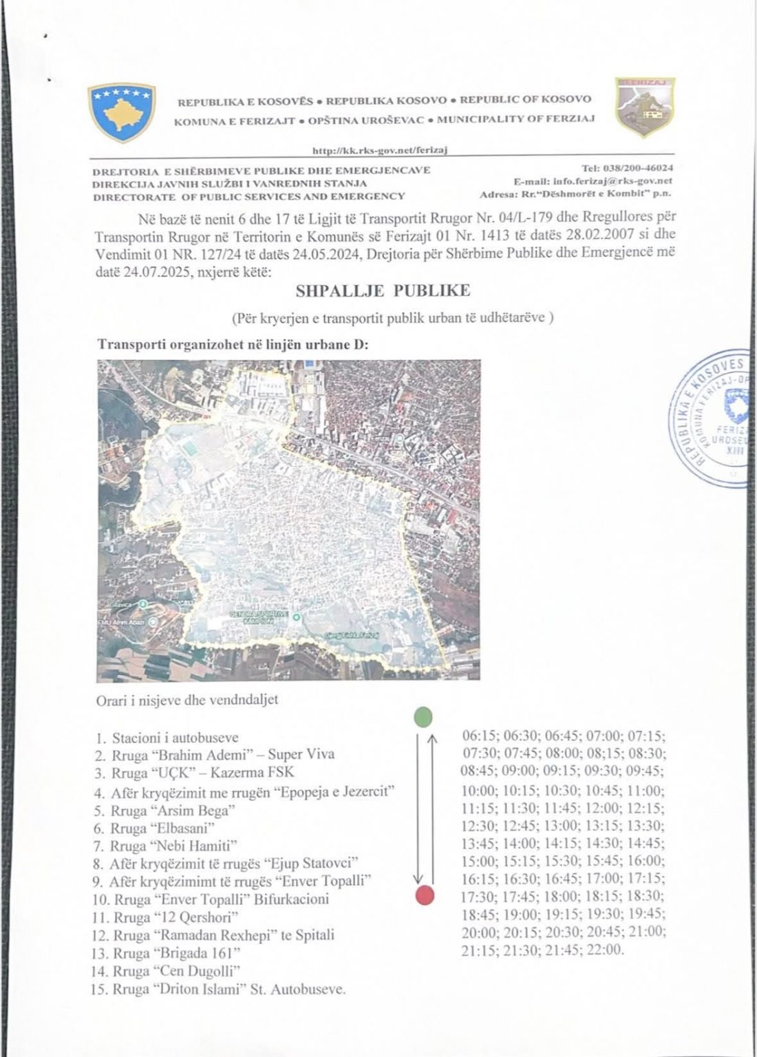 Komuna e Ferizajt shpallë konkurs për operator transportues për linjën Urbane D
